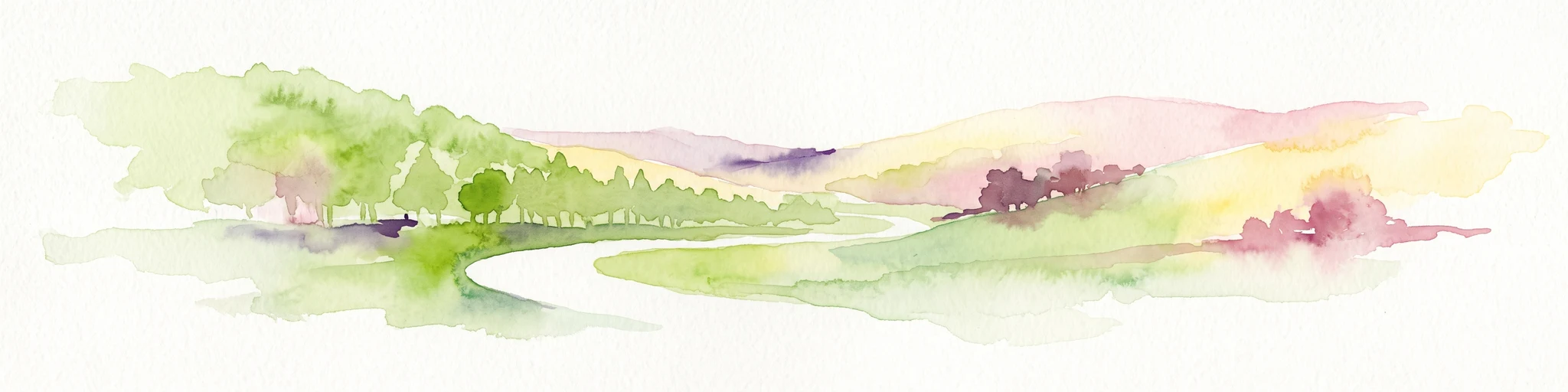 Watercolor painting of a rolling green forest landscape with a winding path and soft, abstract hills in the background.