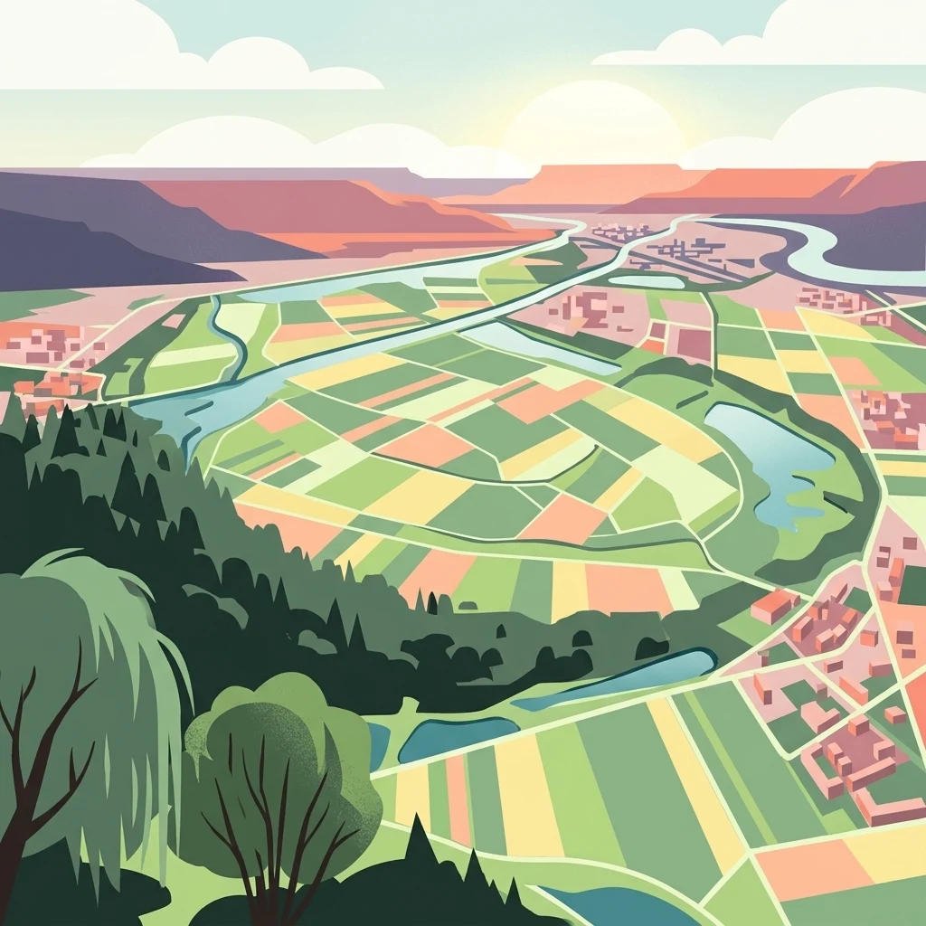 Una ilustración digital de estilo plano que muestra un río serpenteante que fluye a través de un paisaje de mosaico de campos agrícolas, bosques y pequeños asentamientos bajo un sol poniente.
