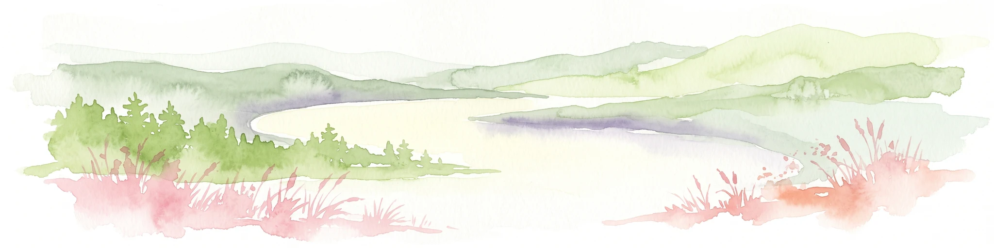 A minimalist watercolor illustration of a wetland scene with soft green hills in the distance, a central water body, and faint pink and green vegetation in the foreground against a white background.
