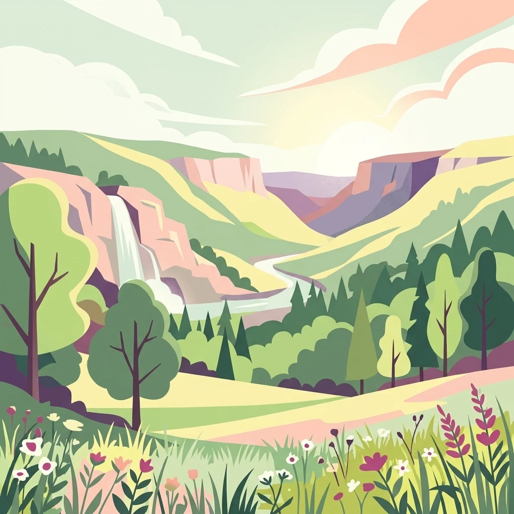 A stylized vector illustration of a valley landscape with a small waterfall, a winding stream, surrounding hills, and a foreground of wildflowers.