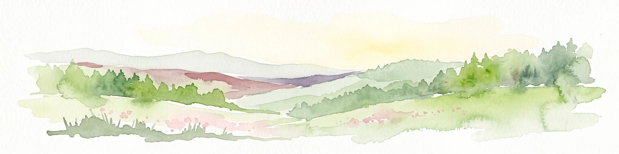 A horizontal watercolor illustration depicting rolling hills, forest patches, and a soft, hazy valley against a white background.