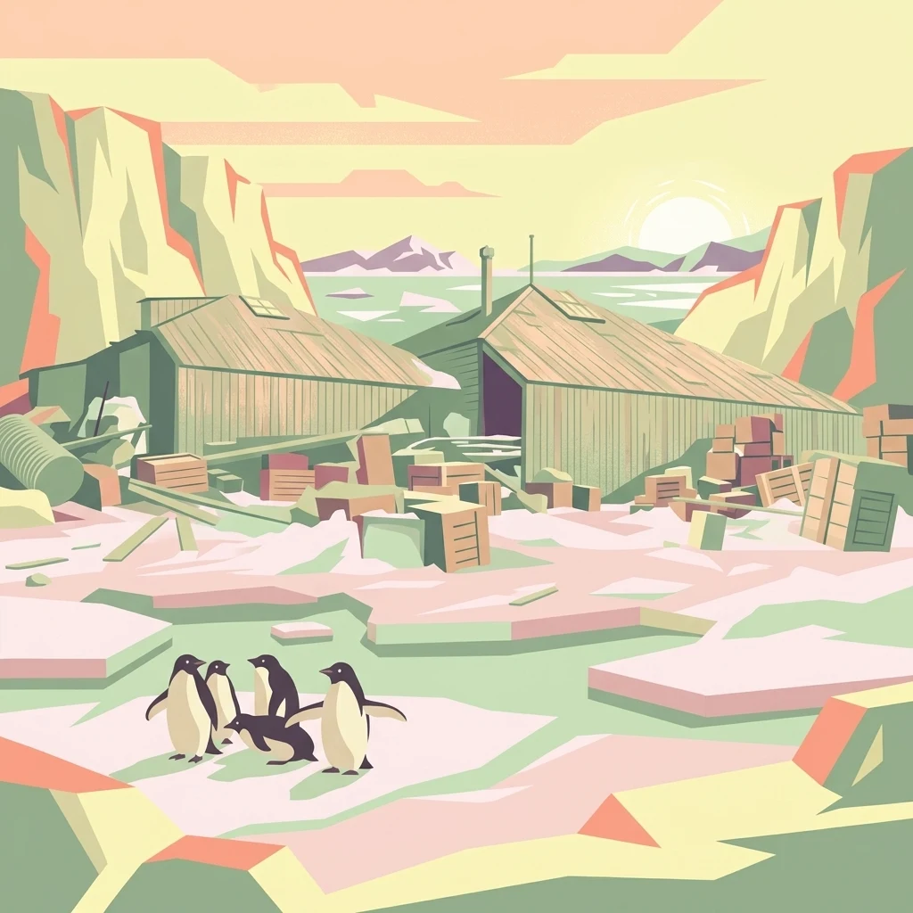 Una ilustración de diseño plano y estilizado de edificios históricos de madera para expediciones con pilas de cajas afuera, en un paisaje nevado con un pequeño grupo de pingüinos en primer plano y un sol pálido en el horizonte.