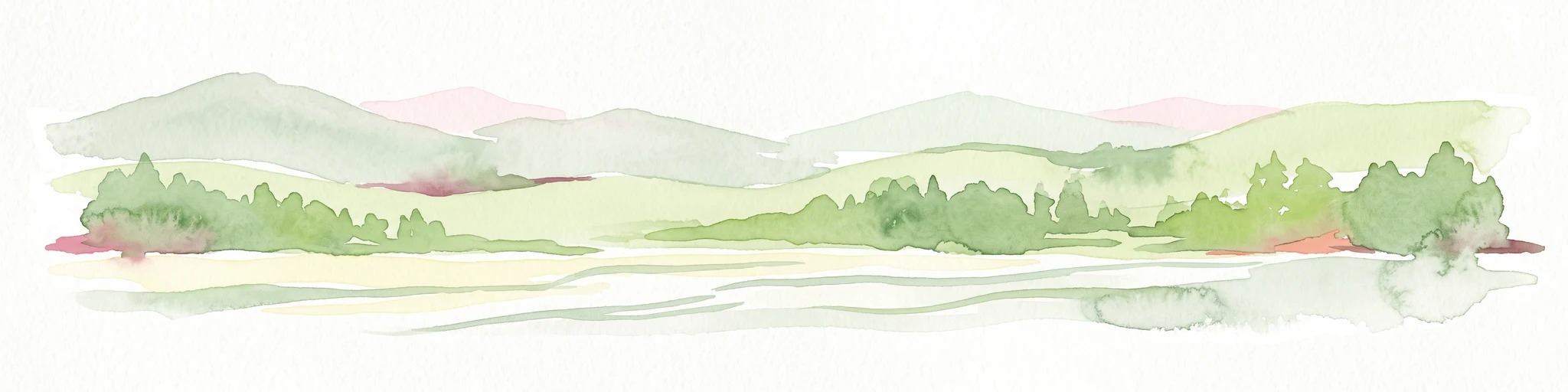 A pale, minimalist watercolor illustration of soft rolling green hills, a tree line, and a body of water in the foreground, against a plain white background.