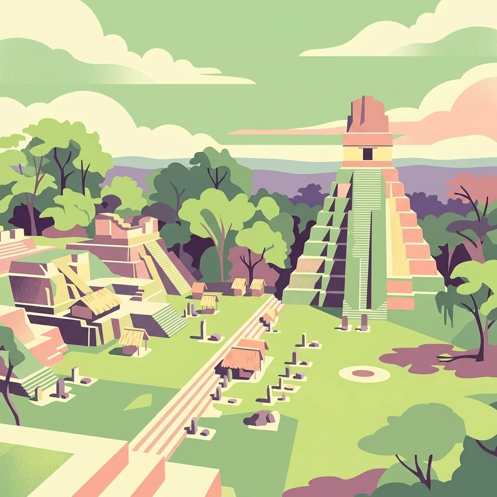 A stylized vector illustration of tiered Mayan pyramid structures rising above a dense green jungle landscape under a soft pastel sky.