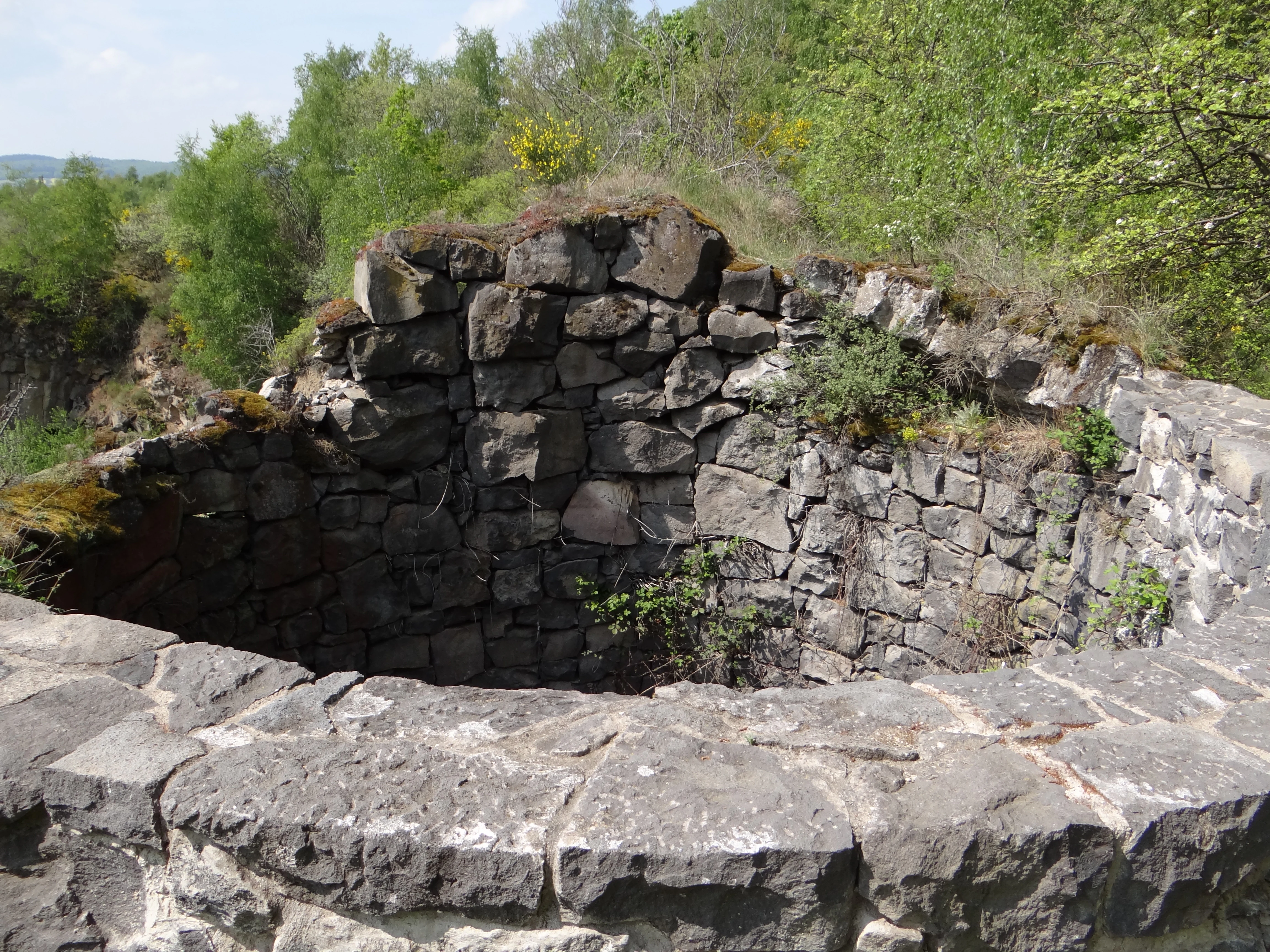 A close up view of an old circular stone-lined mine shaft opening at the Mayener Grubenfeld quarry, surrounded by green trees and shrubs.