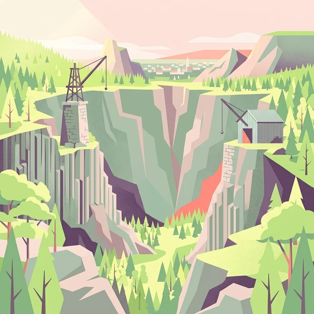 Una ilustración plana y colorida de una cantera profunda y rocosa con acantilados escarpados, bosque denso rodeando los bordes y grúas y edificios mineros históricos en la meseta.