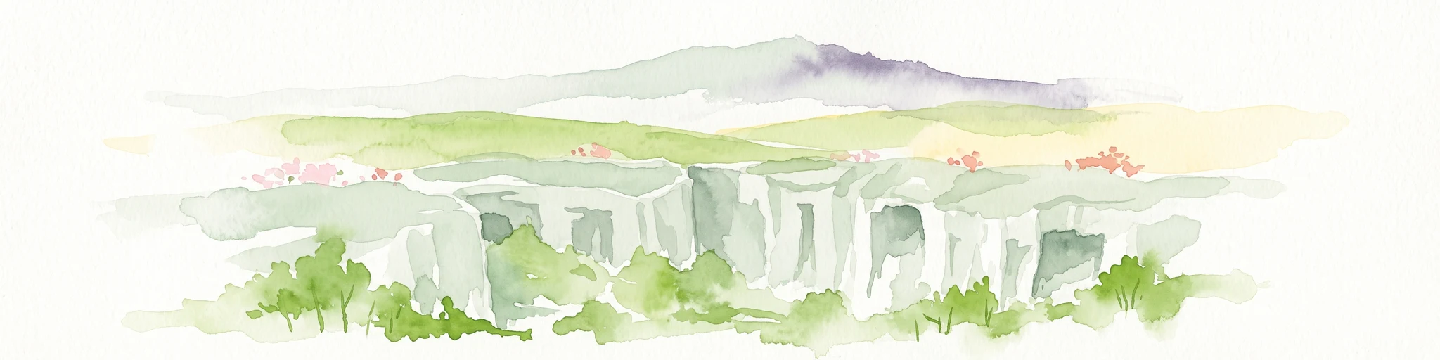 A watercolor painting showing a rocky, layered cliff face in the center, surrounded by green foliage, with rolling hills and a mountain range in the background against a white backdrop.