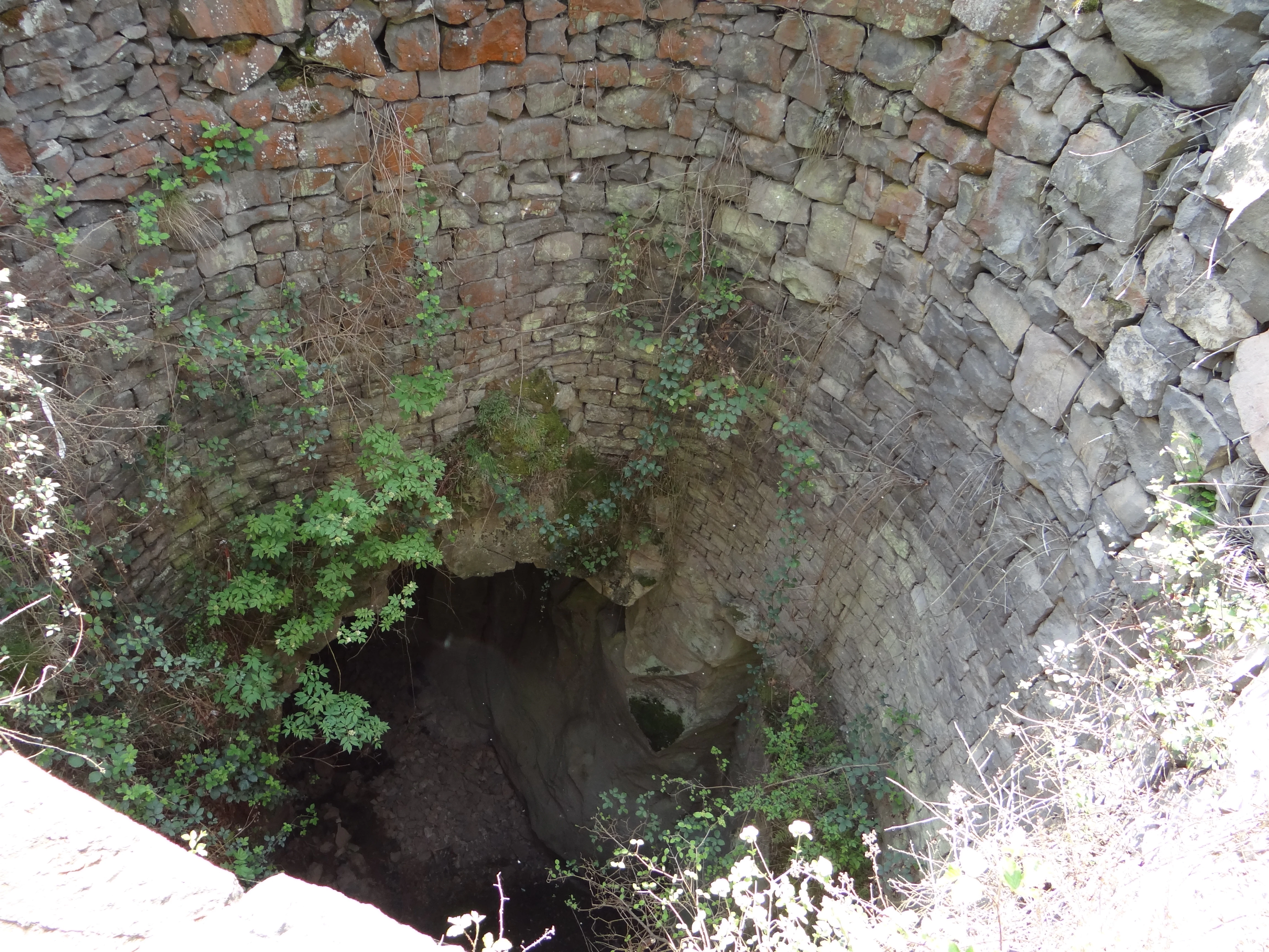 A deep circular shaft lined with dry-stone masonry, overgrown with small green shrubs and weeds inside a rocky former quarry site.