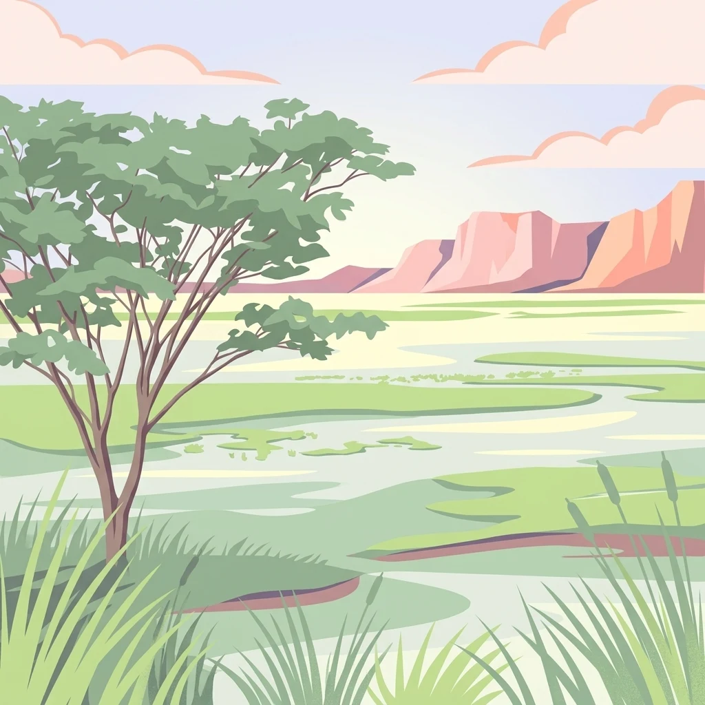 An illustrative digital artwork showing a lush green wetland, a single tree in the foreground, and pink-toned rocky mountains in the background under a soft sky.