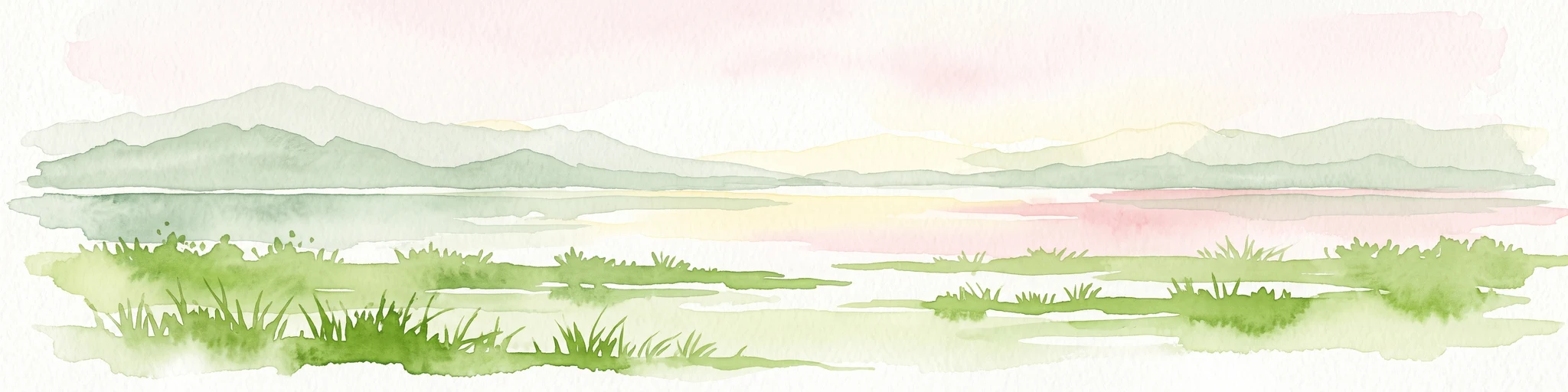 A soft watercolor illustration of a landscape with green grassy fields in the foreground, calm water in the midground, and gentle rolling hills in the background under a pale, pinkish sky.