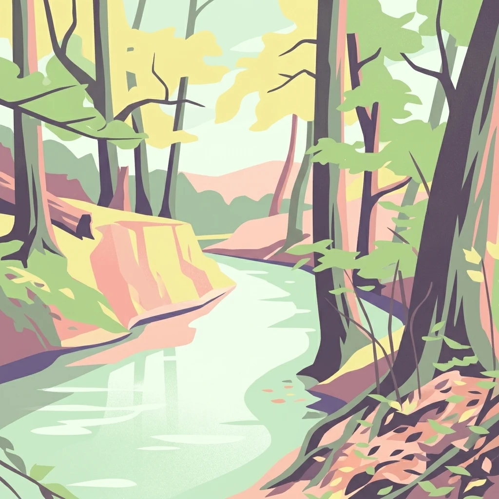 A colorful digital illustration of a stream winding through a forest, with steep earthen banks and lush trees in a stylized, flat design.