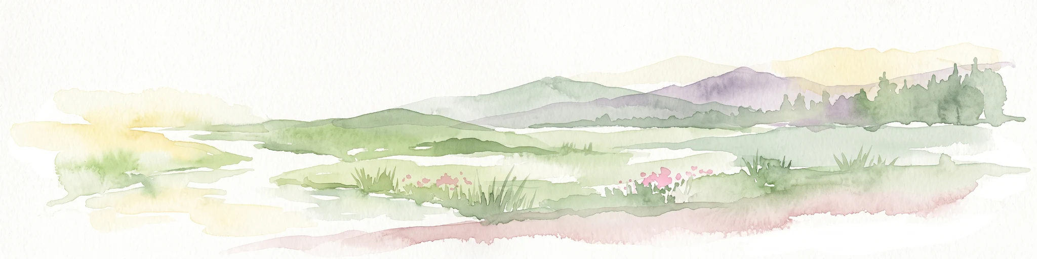 A soft watercolor painting of a winding stream moving through green meadows with distant rolling hills and a light, misty atmosphere.