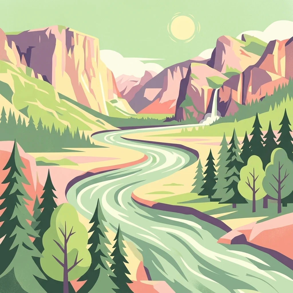 Una ilustración gráfica de un río serpenteante que fluye a través de un frondoso valle montañoso con una cascada lejana y árboles de hoja perenne bajo un sol pálido.