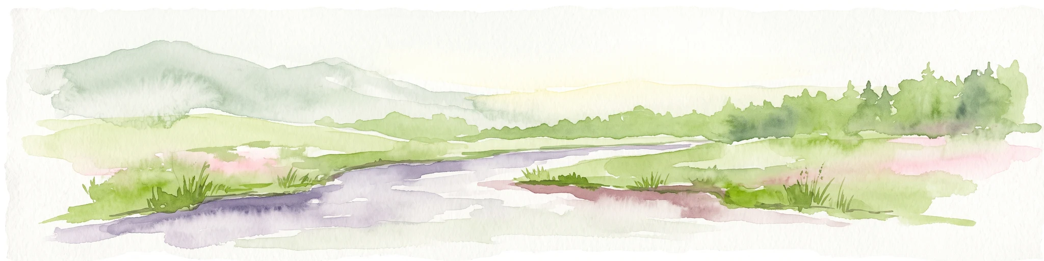 Una ilustración de acuarela de un paisaje que muestra un río serpenteante fluyendo a través de un valle verde y frondoso con colinas distantes.