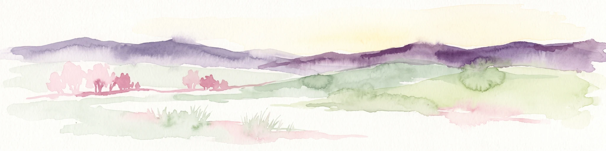 Watercolor illustration of a soft, rolling landscape with purple hills in the distance and pale green and pink vegetation in the foreground.