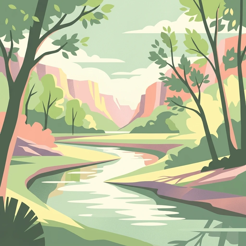 A stylized, flat-design illustration of a river flowing through a lush green valley with trees and distant hills under a soft sky.