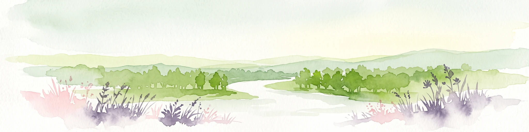 A watercolor painting showing a winding river through a green landscape with soft hills in the distance and tall grasses in the foreground.