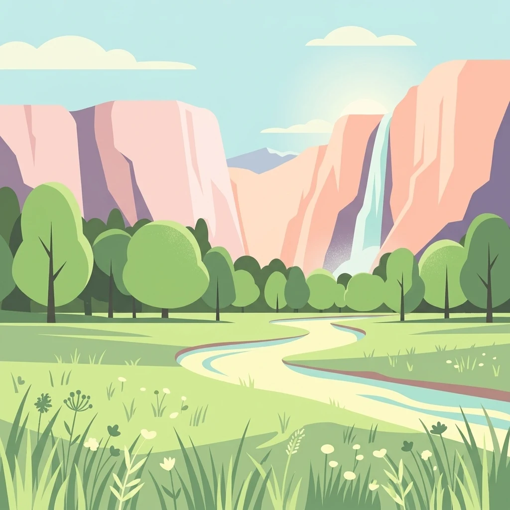 Una ilustración vectorial plana de un río serpenteante que fluye a través de un prado hacia lejanos acantilados de cañón con una cascada.