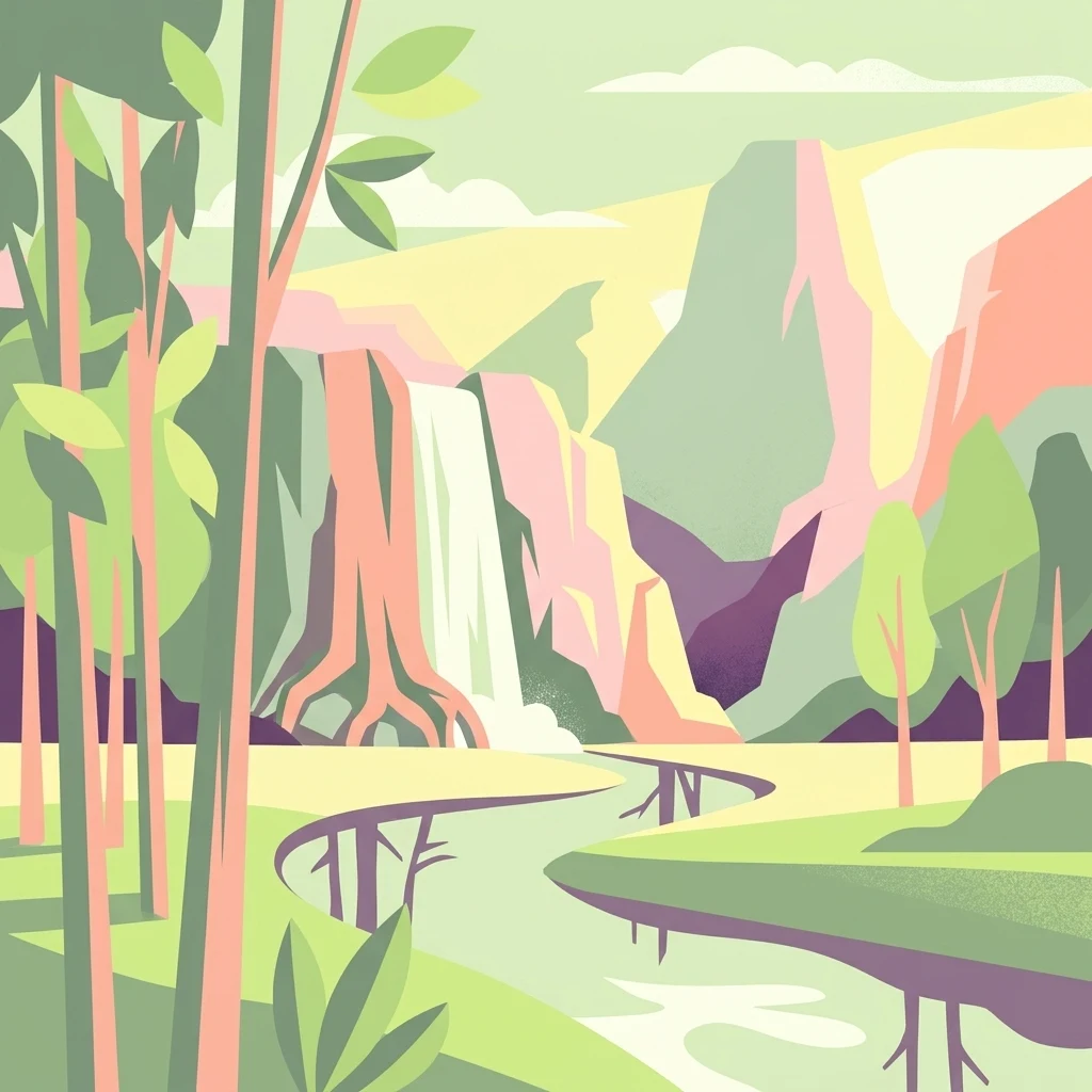 A stylized digital illustration of a serene natural scene featuring a winding river flowing through a lush forest with a prominent waterfall cascading down rocky cliffs in the background.