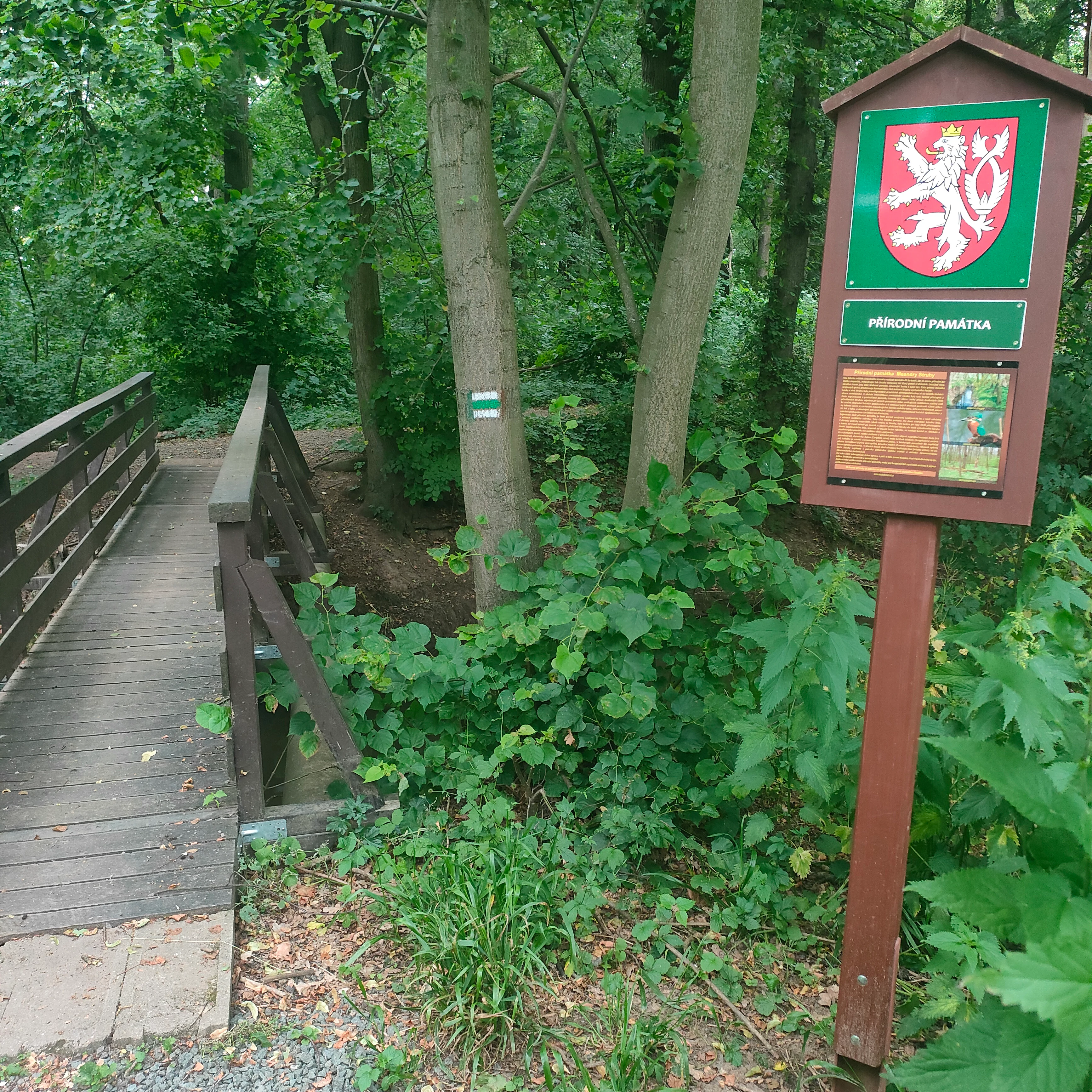 A wooden footbridge leading into a forested area next to a brown wooden information sign with the Czech Republic coat of arms at the top.