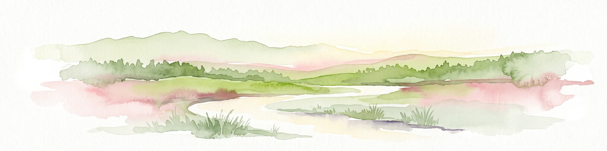 A soft watercolor illustration of a winding stream flowing through green meadows and trees with distant low hills in the background.