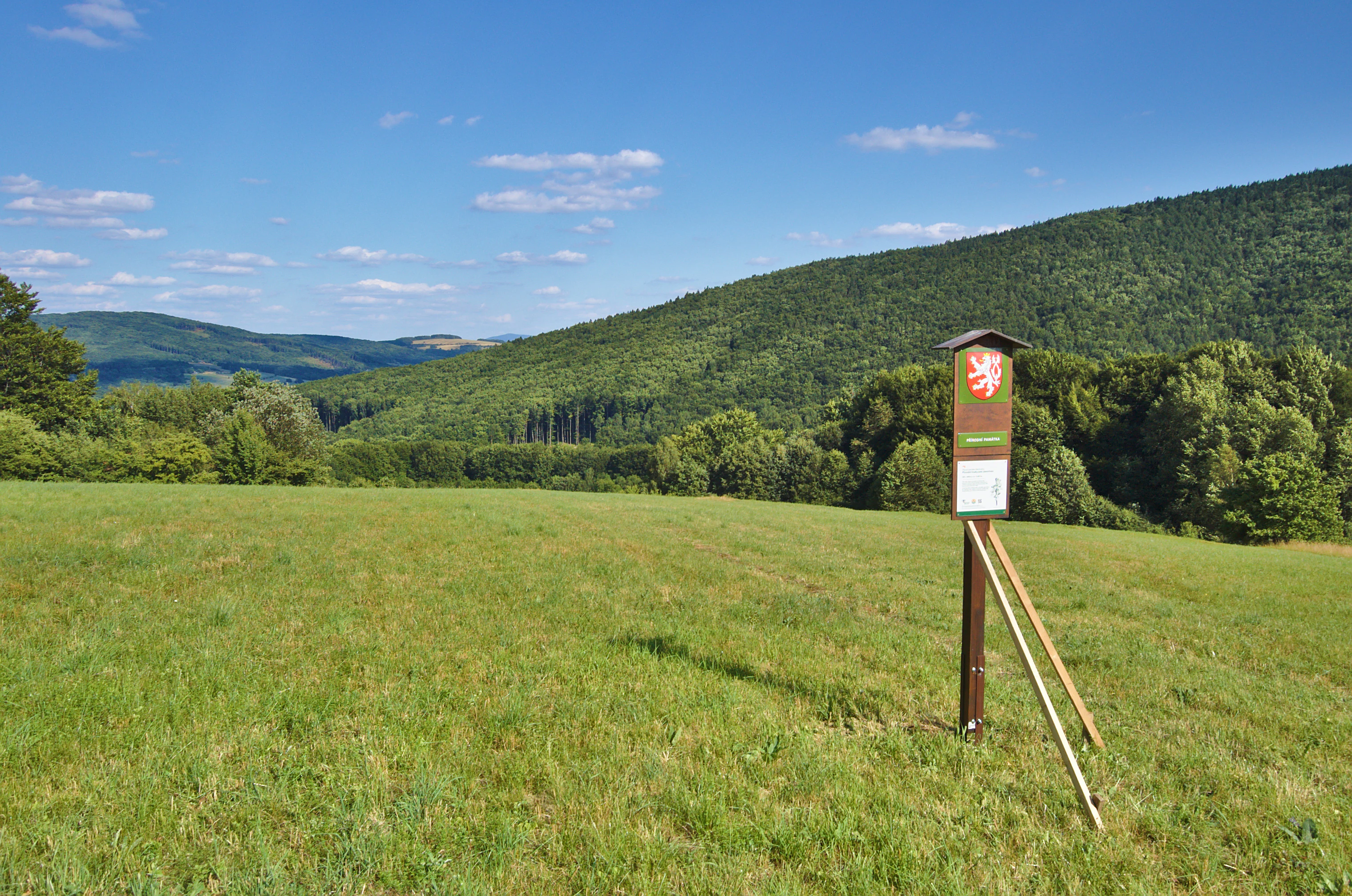 A green meadow stretches toward a forested hillside under a clear blue sky; an upright wooden information sign with a national emblem is placed in the foreground.