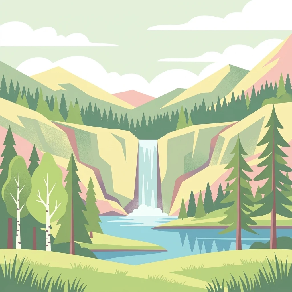 A flat-style digital illustration of a serene mountain landscape featuring a central waterfall flowing into a pond, surrounded by evergreen trees, birches, and grassy slopes under a pale sky.