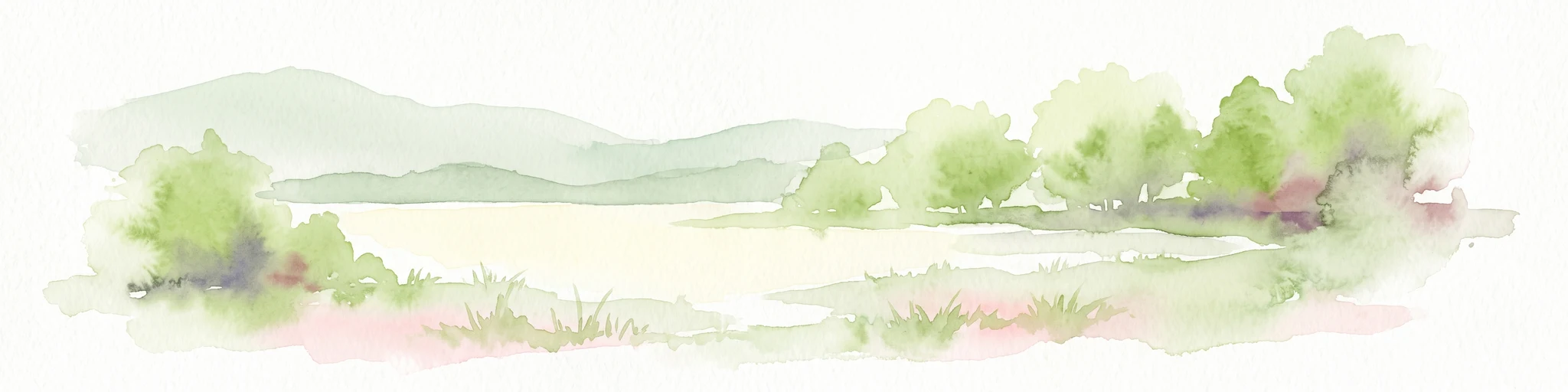 A soft watercolor illustration depicting a flat wetland landscape with low hills in the background and clusters of green trees and shrubs in the foreground.