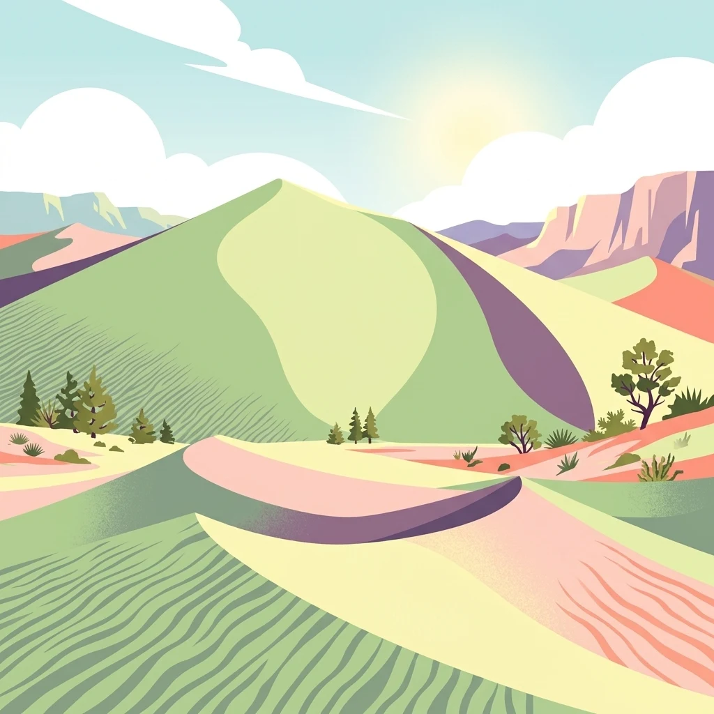 Una vibrante ilustración digital de estilo plano de un paisaje desértico con dunas de arena onduladas, vegetación escasa y montañas bajo un cielo soleado.