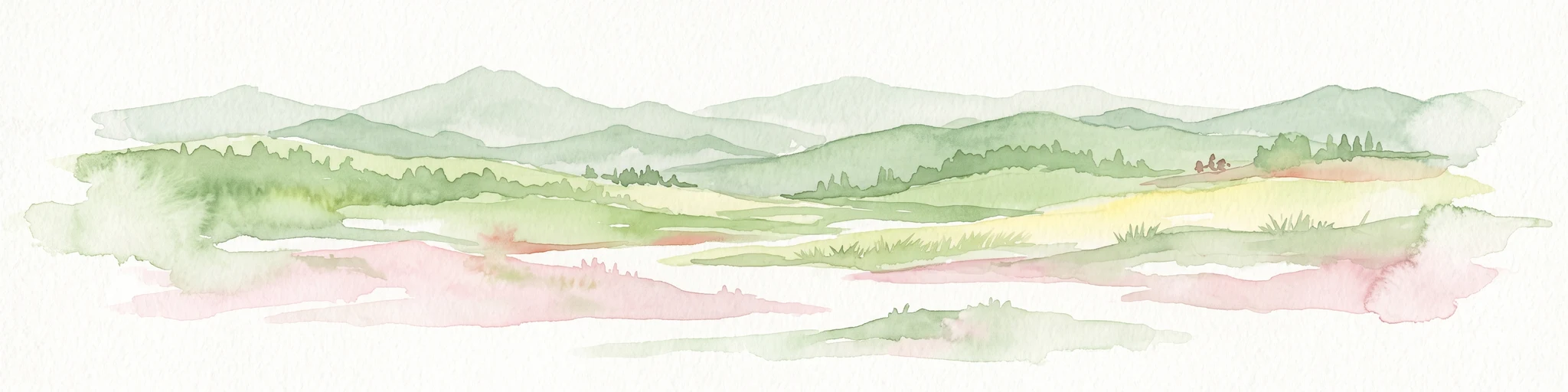 A minimalist watercolor painting showing rolling green and yellow hills against a soft, light-colored background.