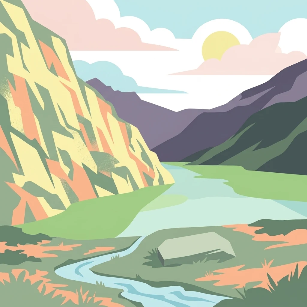 A flat-style vector illustration depicting a mountain valley with steep slopes, a central river, and a light sun behind clouds.