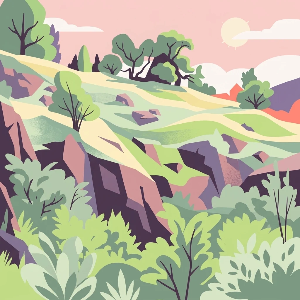 A colorful digital illustration of a sloping rocky hillside with green bushes, scattered trees, and a pale pink sky at sunset.