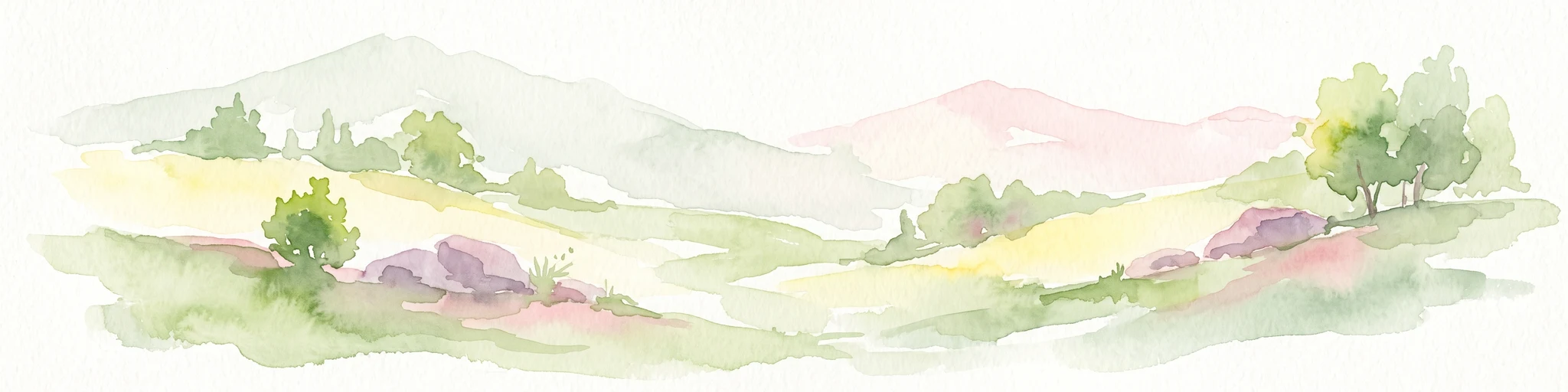 A soft watercolor painting showing a rolling landscape with hills, scattered trees, and rocky outcrops, rendered in pastel greens and pinks.