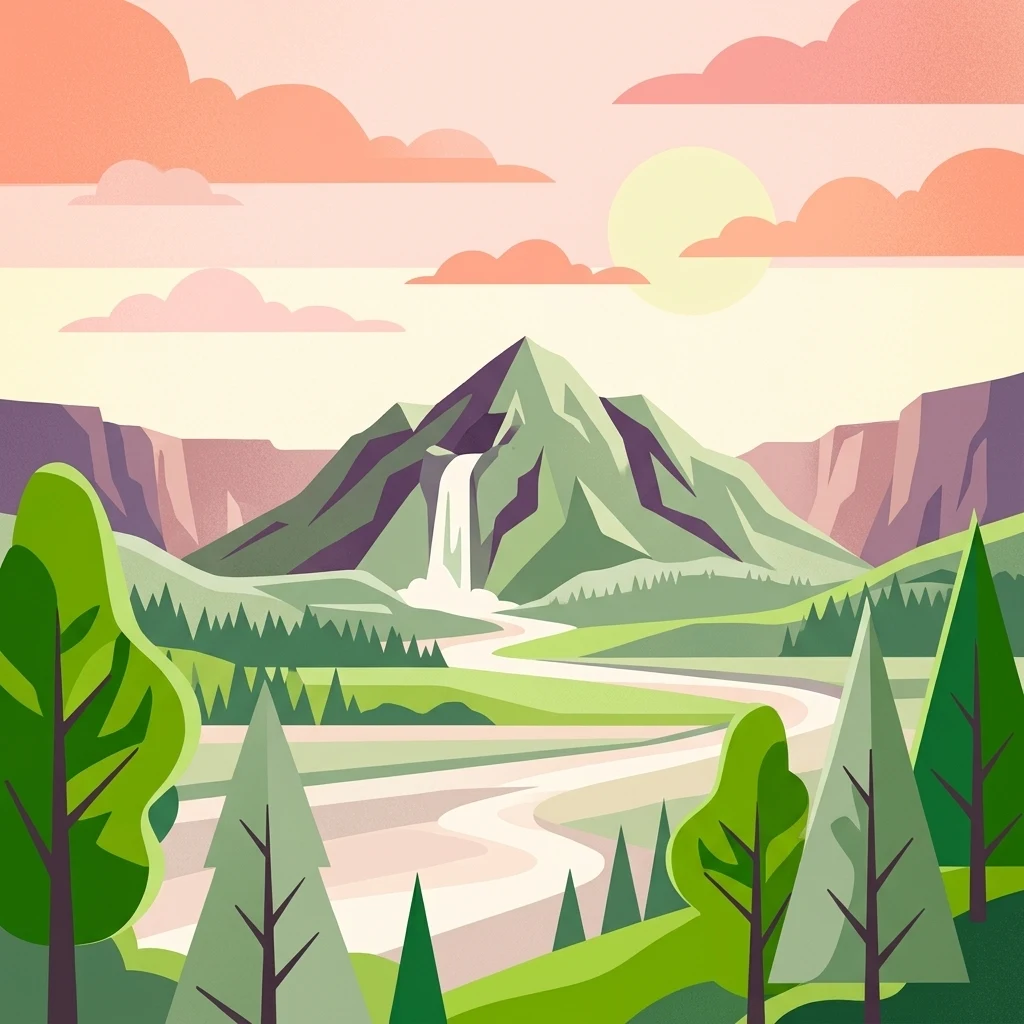 A colorful digital illustration featuring a pointed green mountain with a waterfall flowing down its face, surrounded by pine forests, rolling hills, and pink-hued clouds at sunset.