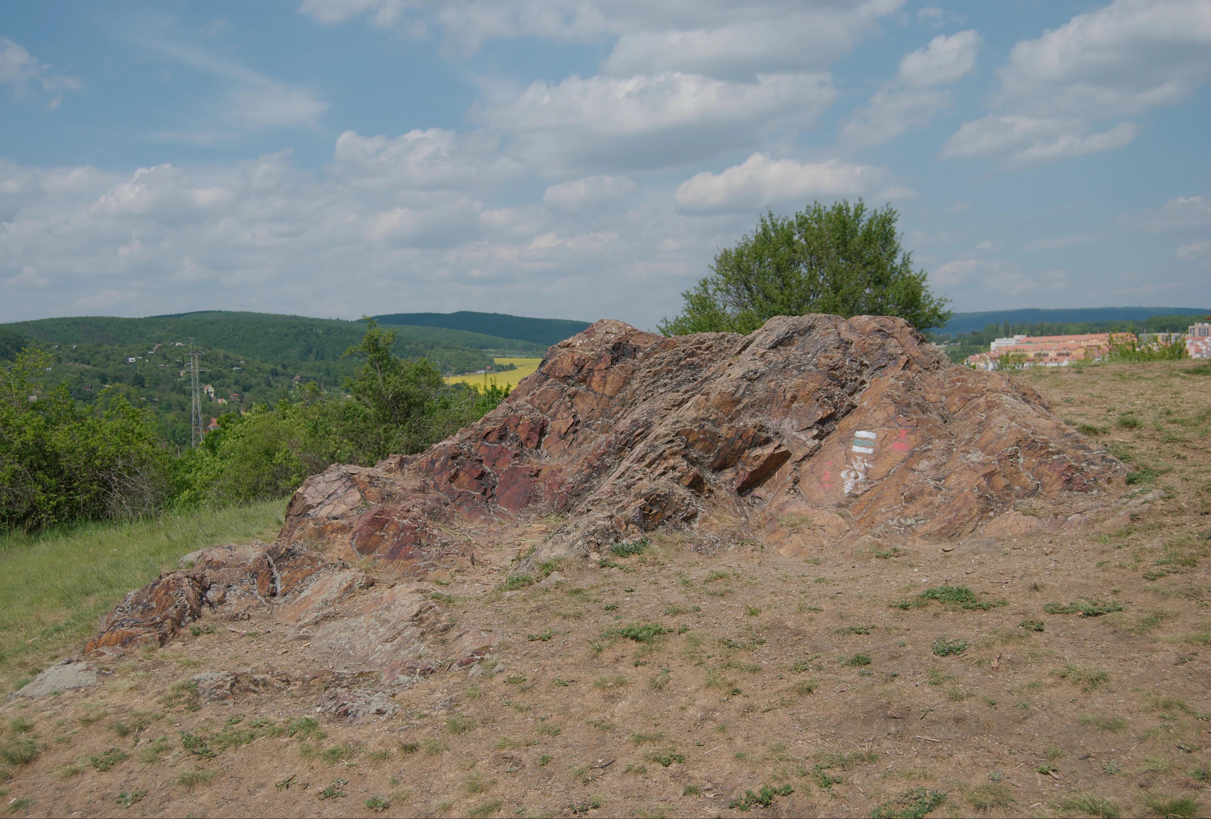 A low rocky outcrop sits on a dry, grassy hill under a partly cloudy sky, with a forest and distant town visible in the background.