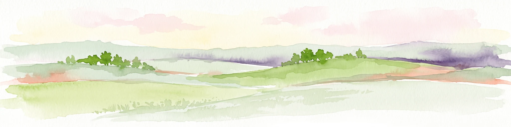 A horizontal watercolor painting showing rolling green hills with small patches of trees under a soft, pale sky.