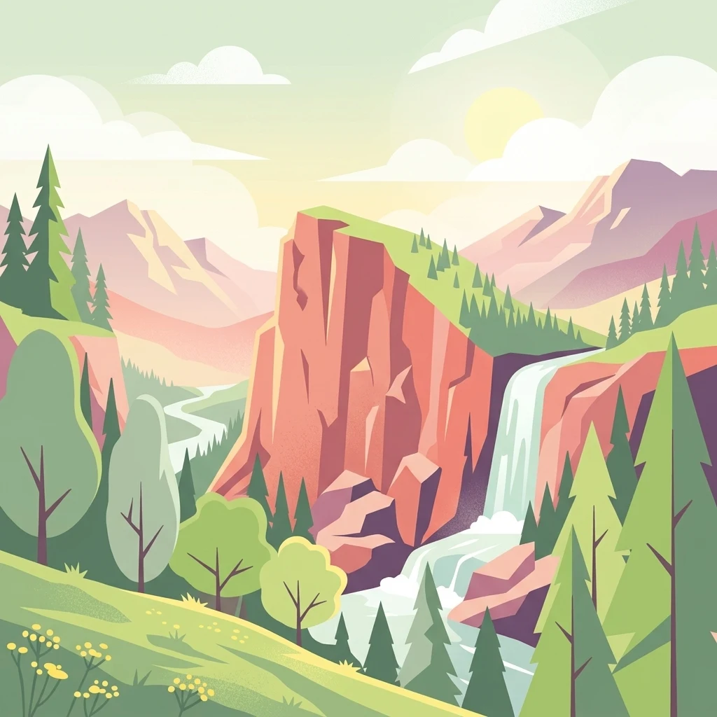 A flat-style digital illustration showing a valley with a tall red cliff, a waterfall flowing down into a stream, evergreen trees, and rolling grassy hills under a soft sky.