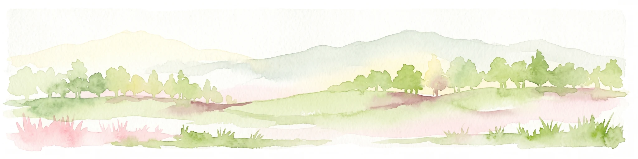 Una pintura en acuarela que muestra un paisaje panorámico estilizado de colinas verdes onduladas, árboles y montañas suaves en la distancia.