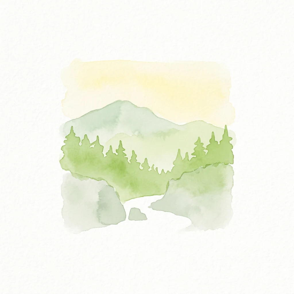 Ilustración de acuarela de un paisaje montañoso con árboles verdes y un arroyo