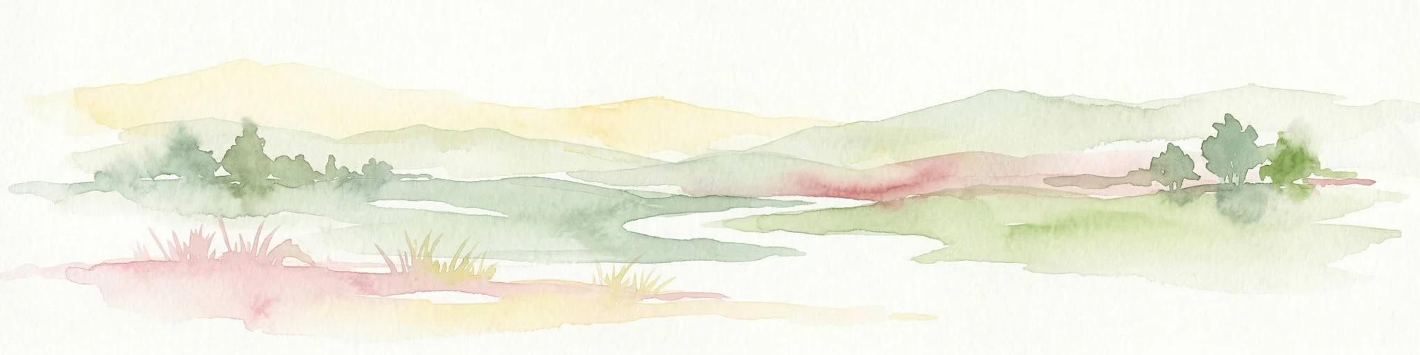 Ilustración de acuarela de un paisaje con colinas onduladas, árboles dispersos y un río sinuoso.