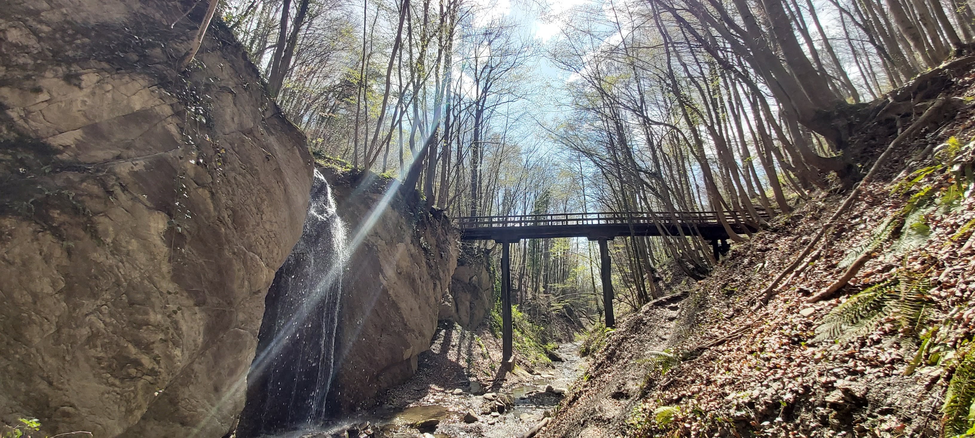 Waterfall cascading down rocky cliff with pedestrian bridge crossing stream, surrounded by forested area
