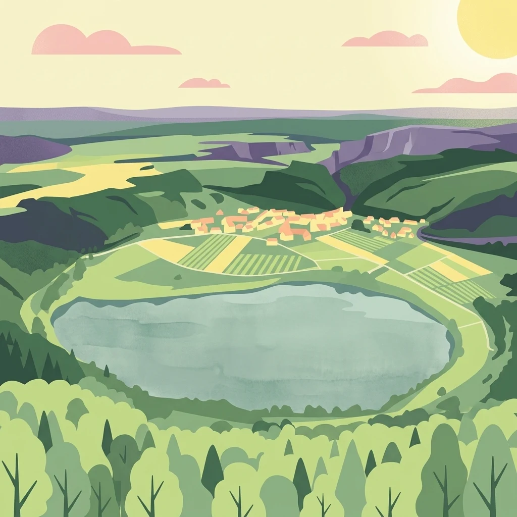 A stylized digital illustration of a lake inside a volcanic crater, surrounded by forests, agricultural fields, and a small village, under a pale sun.