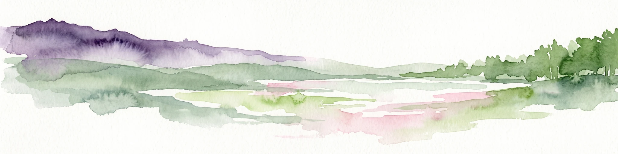 Una pintura horizontal en acuarela que representa un lago tranquilo rodeado de colinas onduladas y vegetación suave, con una cresta montañosa de tonos púrpura en la distancia.