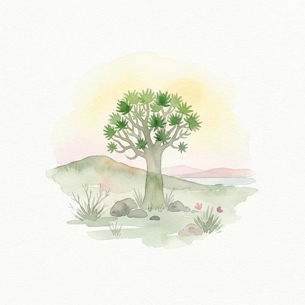 Ilustración en acuarela de un árbol con follaje verde, rocas y una colina distante bajo un cielo degradado