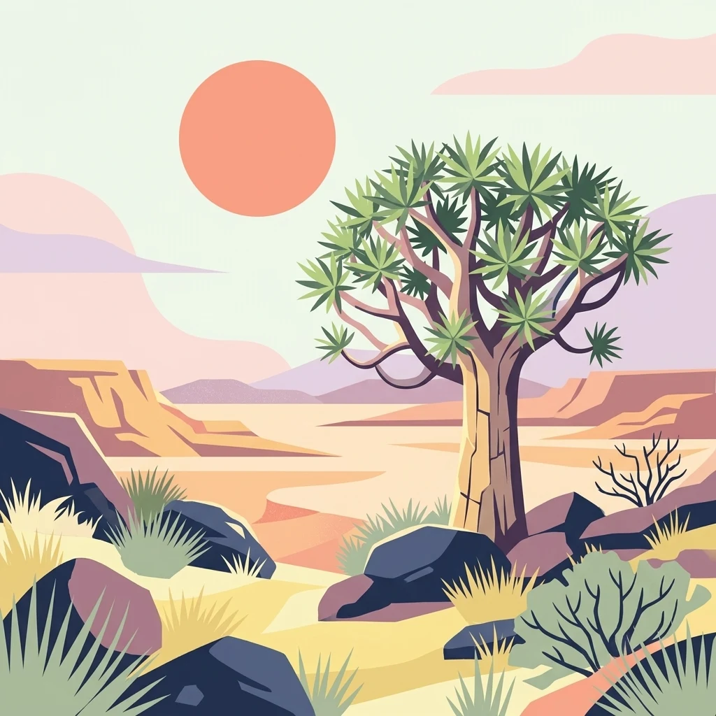 Digital illustration of desert landscape with quiver tree, rocks, and distant mountains under orange sun