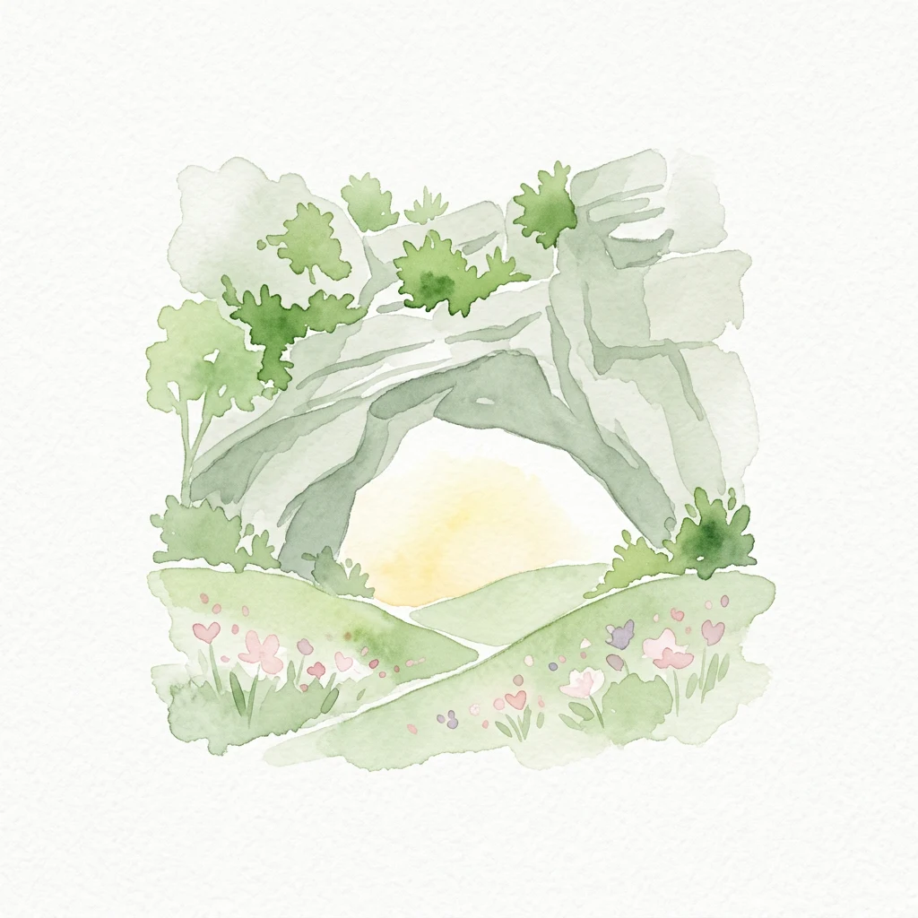 Watercolor illustration of a natural rock arch surrounded by green vegetation and flowers on a hillside