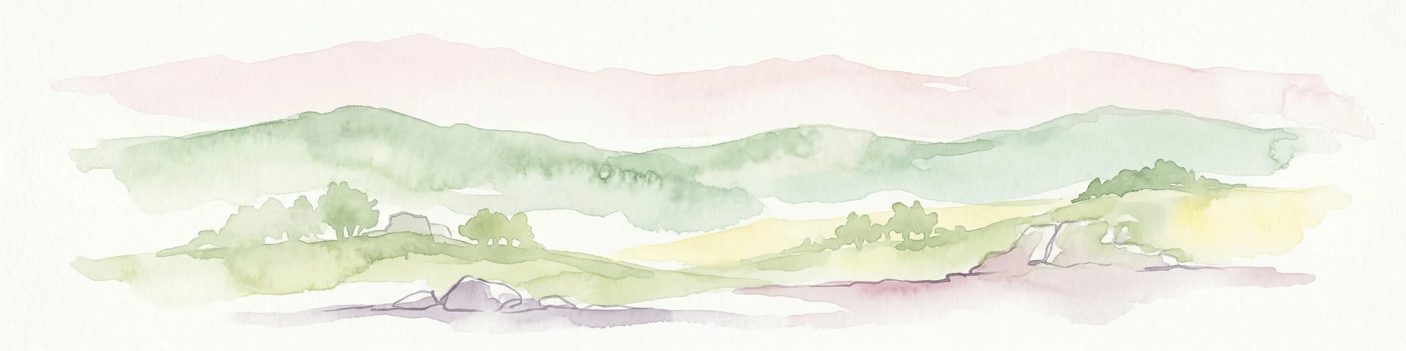 Ilustración en acuarela que muestra colinas onduladas, árboles dispersos y un cielo de color rosa pálido