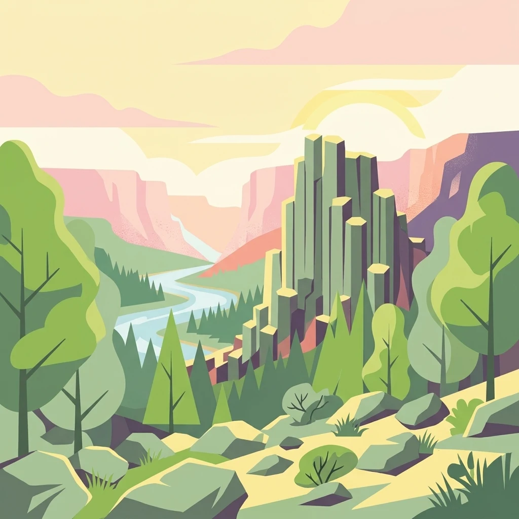 A vibrant, flat-style vector illustration showing a tall basalt rock pillar formation rising above a forest valley with a winding river in the background.