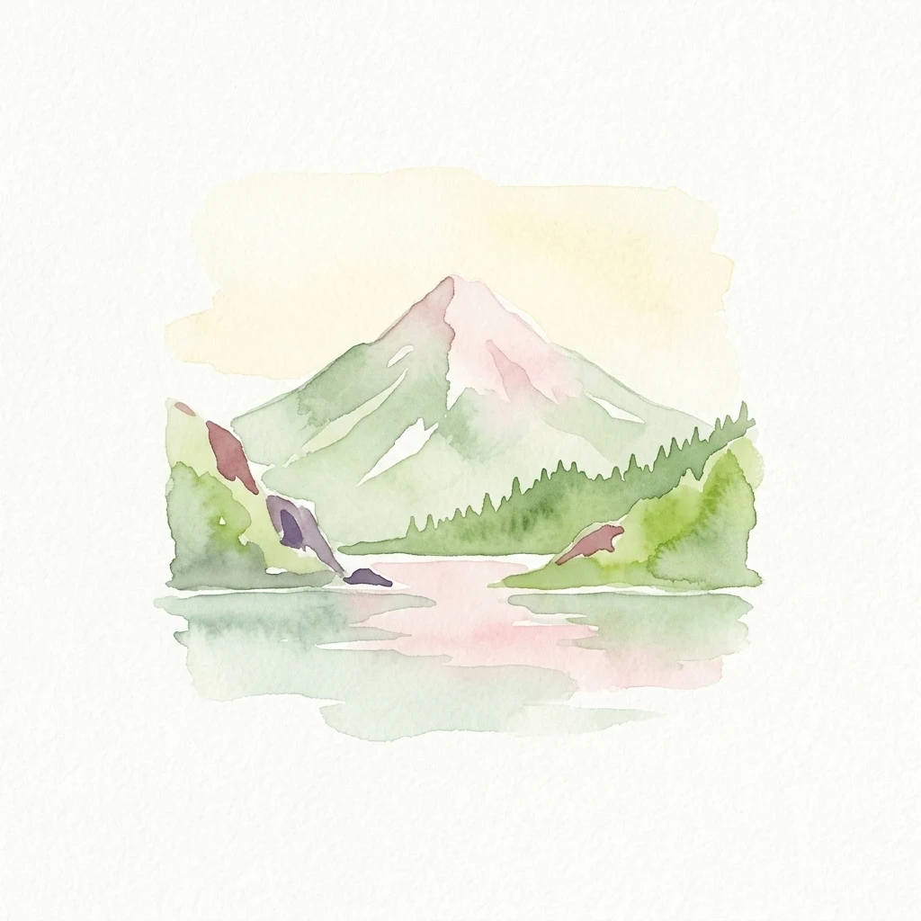 Watercolor painting showing a mountain with a pink peak, green forest, and a reflective lake with rocky outcrops