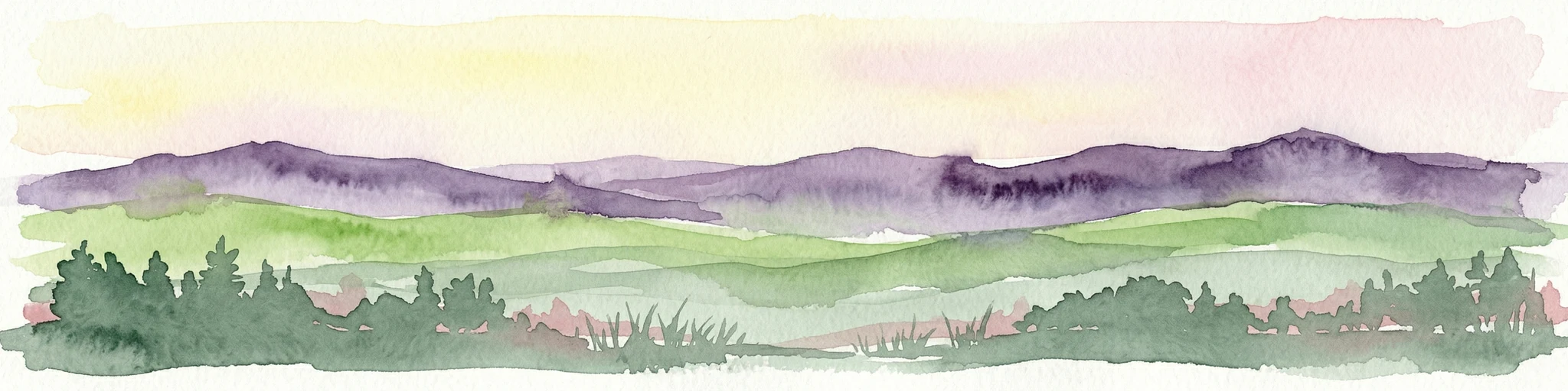 Ilustración acuarela de un paisaje montañoso con campos verdes y bosques bajo un cielo pálido